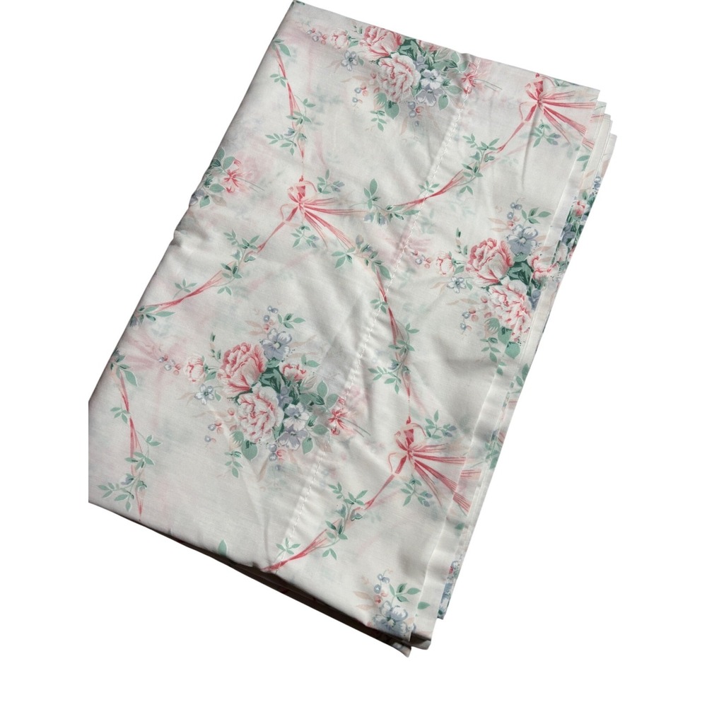Vintage JC Penney Twin Flat Sheet Floral Rose Bow Cottagecore USA 66x92 Country